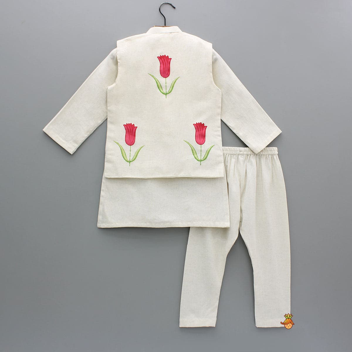 Off White Khadi Kurta With Red Tulip Printed Jacket And Pyjama view