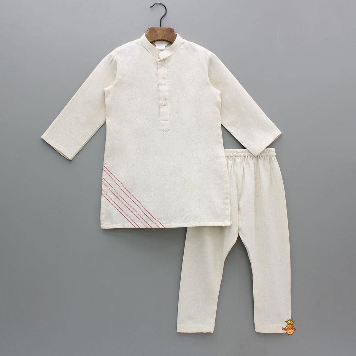 Off White Khadi Kurta With Red Tulip Printed Jacket And Pyjama view