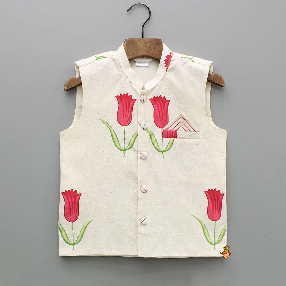 Off White Khadi Kurta With Red Tulip Printed Jacket And Pyjama view