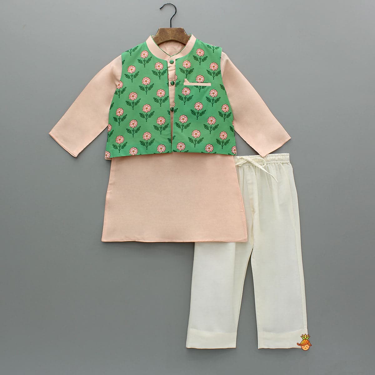 Pre Order: Peach Kurta With Floral Printed Green Jacket And Pyjama