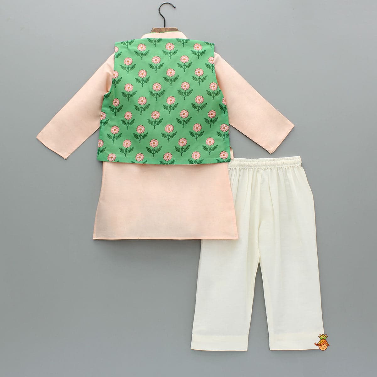 Pre Order: Peach Kurta With Floral Printed Green Jacket And Pyjama view