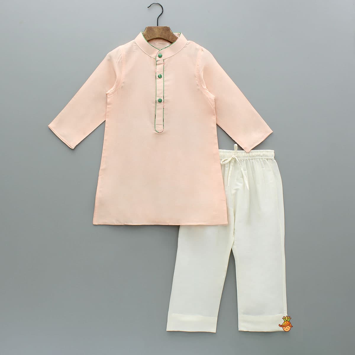 Pre Order: Peach Kurta With Floral Printed Green Jacket And Pyjama view