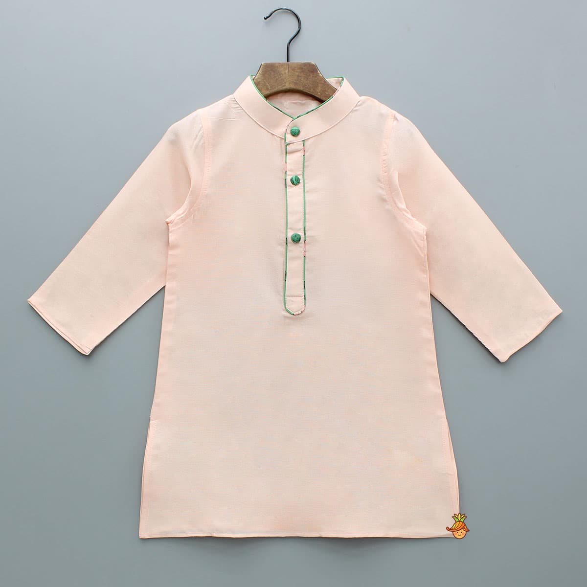 Pre Order: Peach Kurta With Floral Printed Green Jacket And Pyjama view