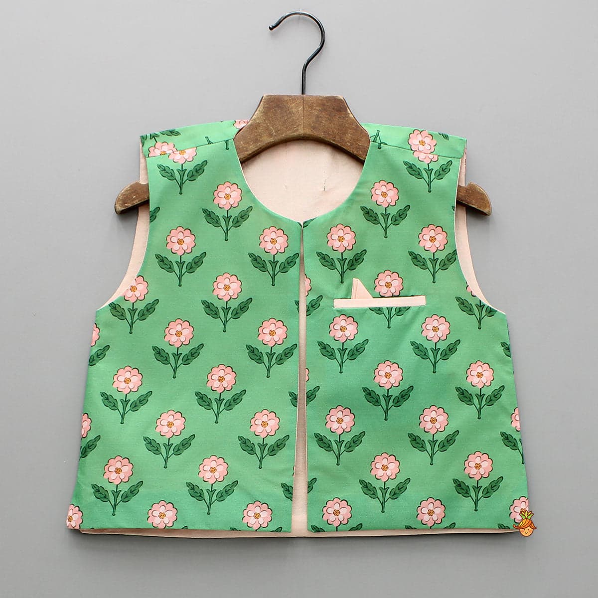 Pre Order: Peach Kurta With Floral Printed Green Jacket And Pyjama view