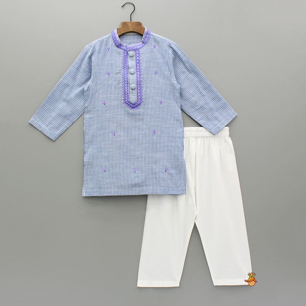 Pre Order: Blue Striped Embroidered Kurta With White Pyjama