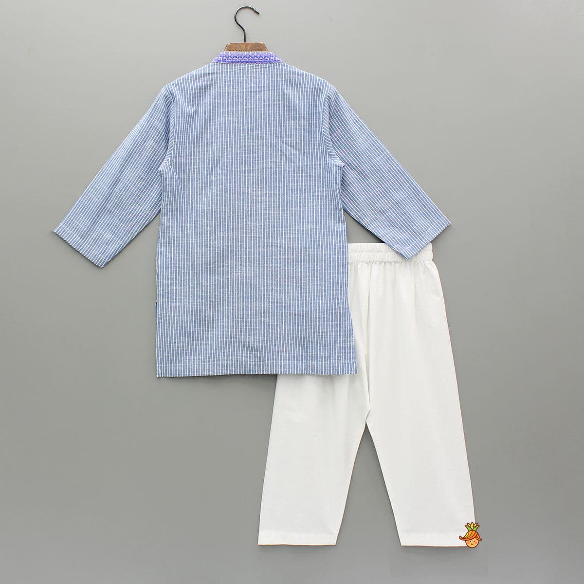 Pre Order: Blue Striped Embroidered Kurta With White Pyjama view