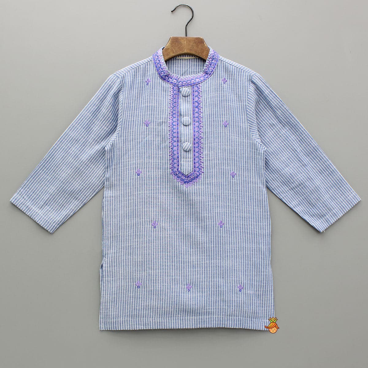 Pre Order: Blue Striped Embroidered Kurta With White Pyjama view