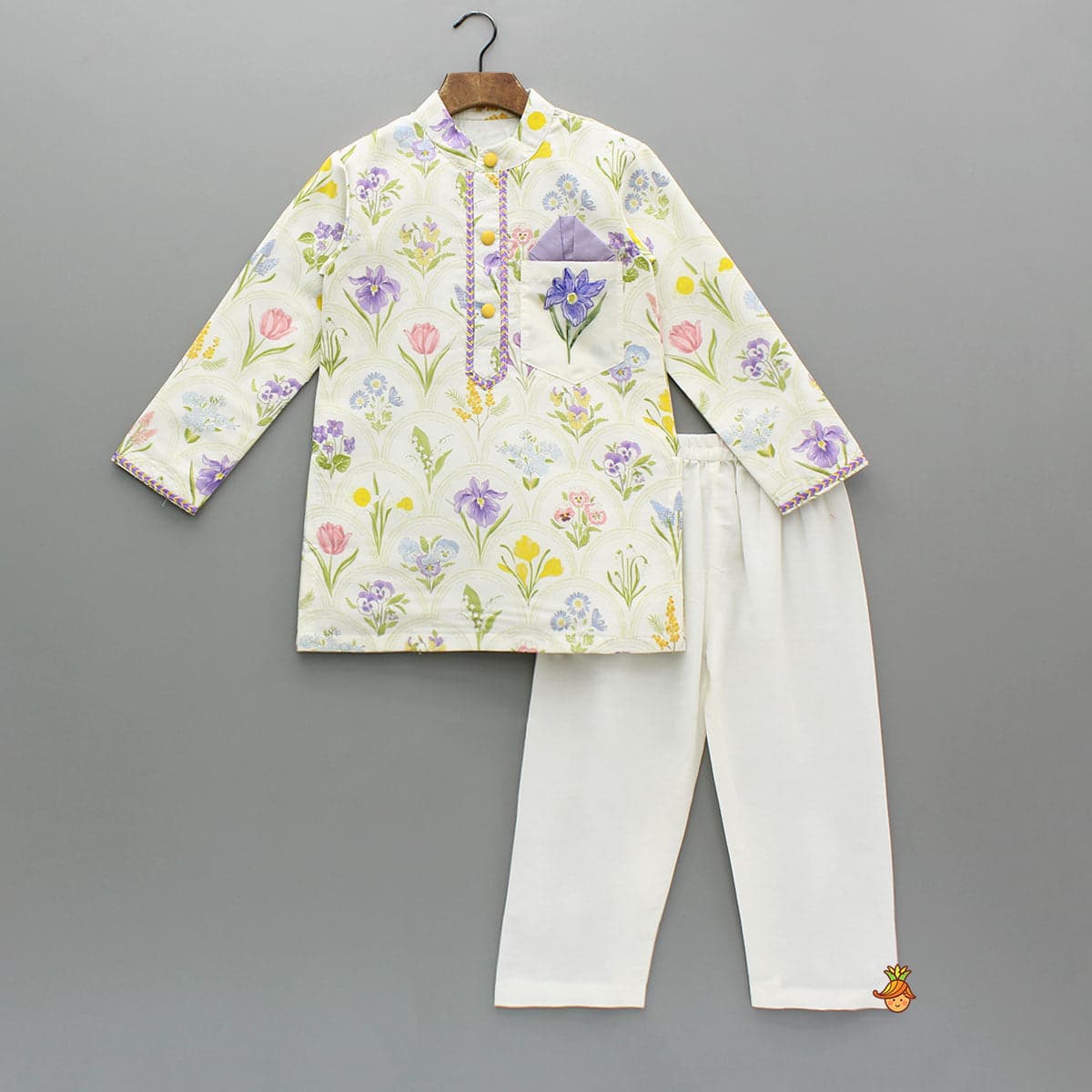 Pre Order: Floral Print Cotton Silk Kurta With Off White Pyjama