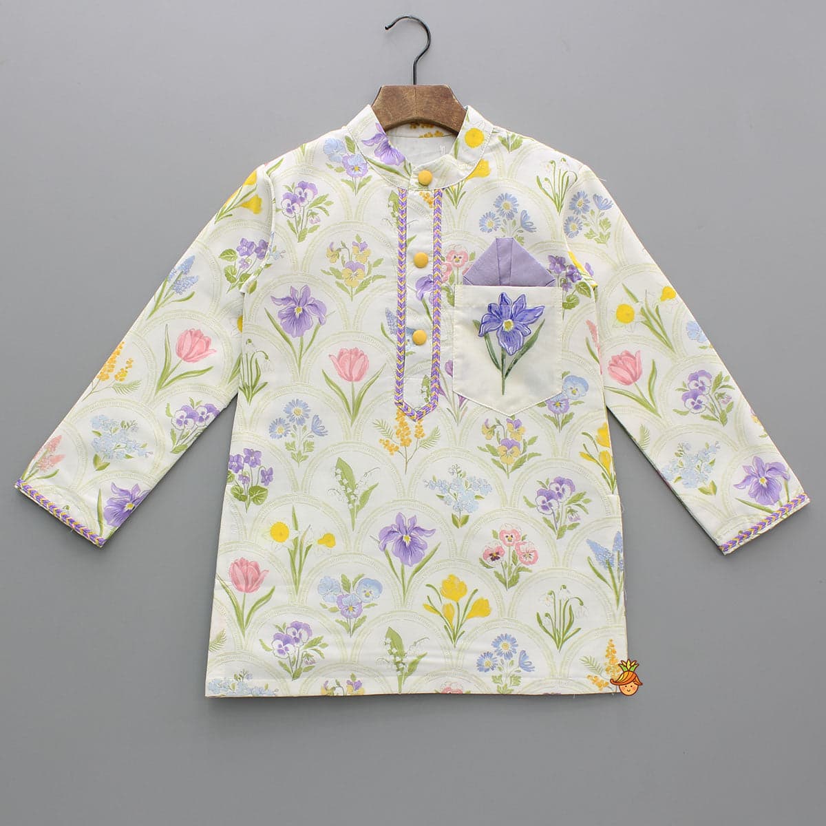 Pre Order: Floral Print Cotton Silk Kurta With Off White Pyjama view