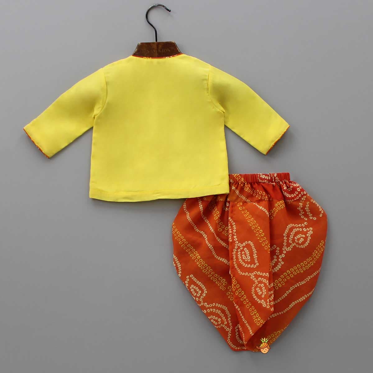 Pre Order: Yellow Angarkha Styled Kurta And Bandhej Dhoti view