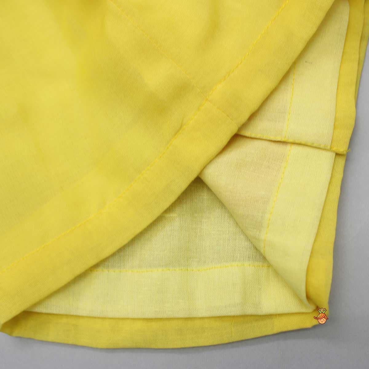 Pre Order: Yellow Angarkha Styled Kurta And Bandhej Dhoti view