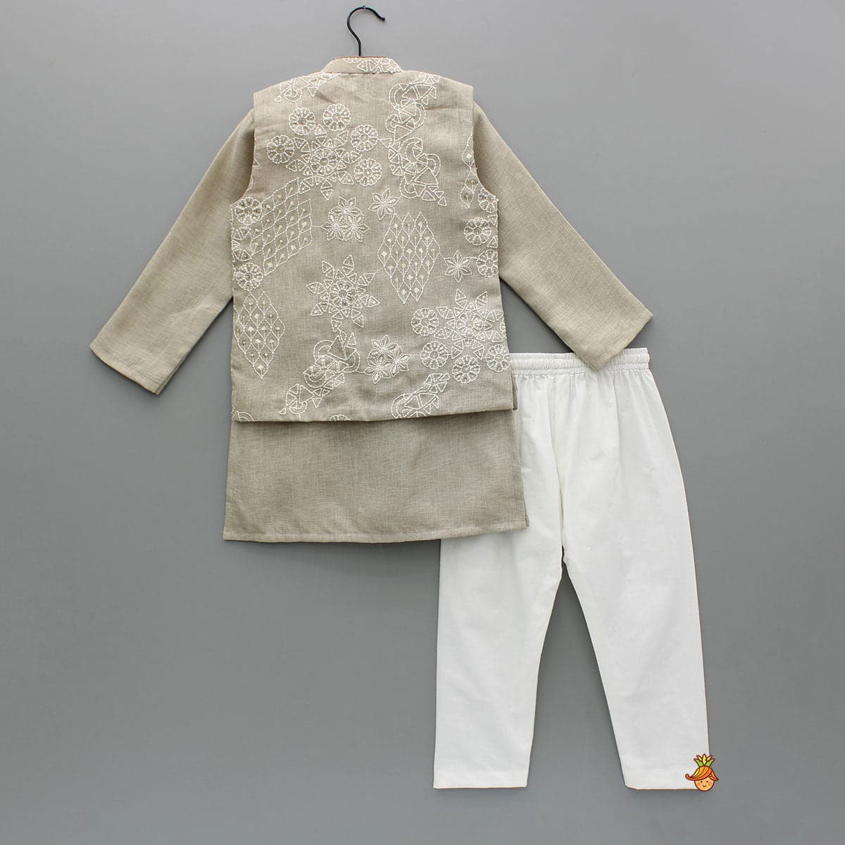 Pre Order: Beige Kurta With Floral Sequin Embroidered Jacket And Pyjama view