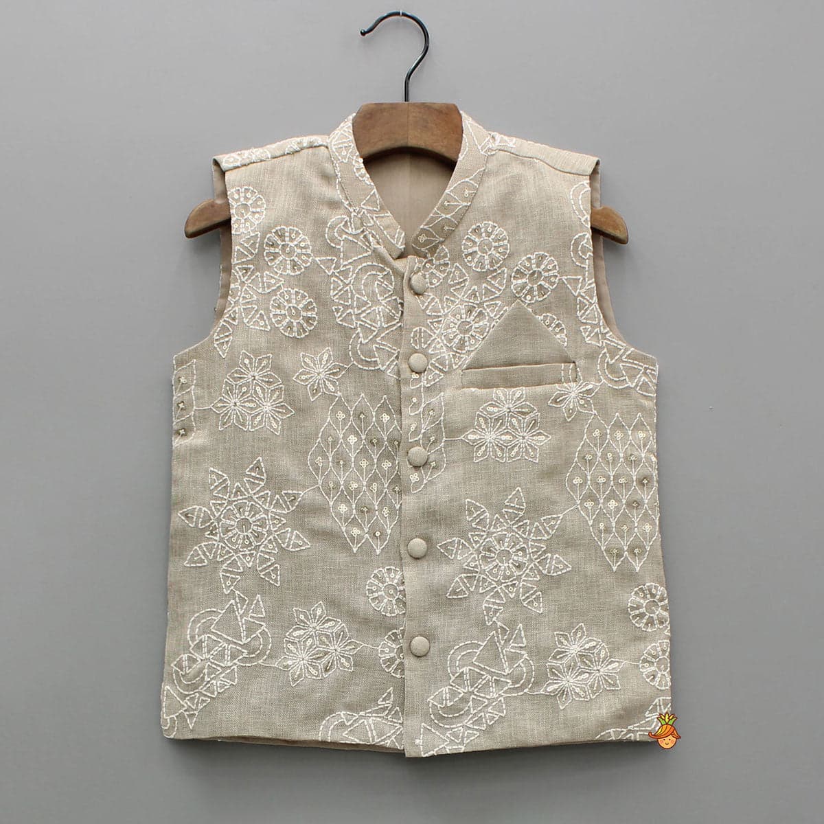 Pre Order: Beige Kurta With Floral Sequin Embroidered Jacket And Pyjama view