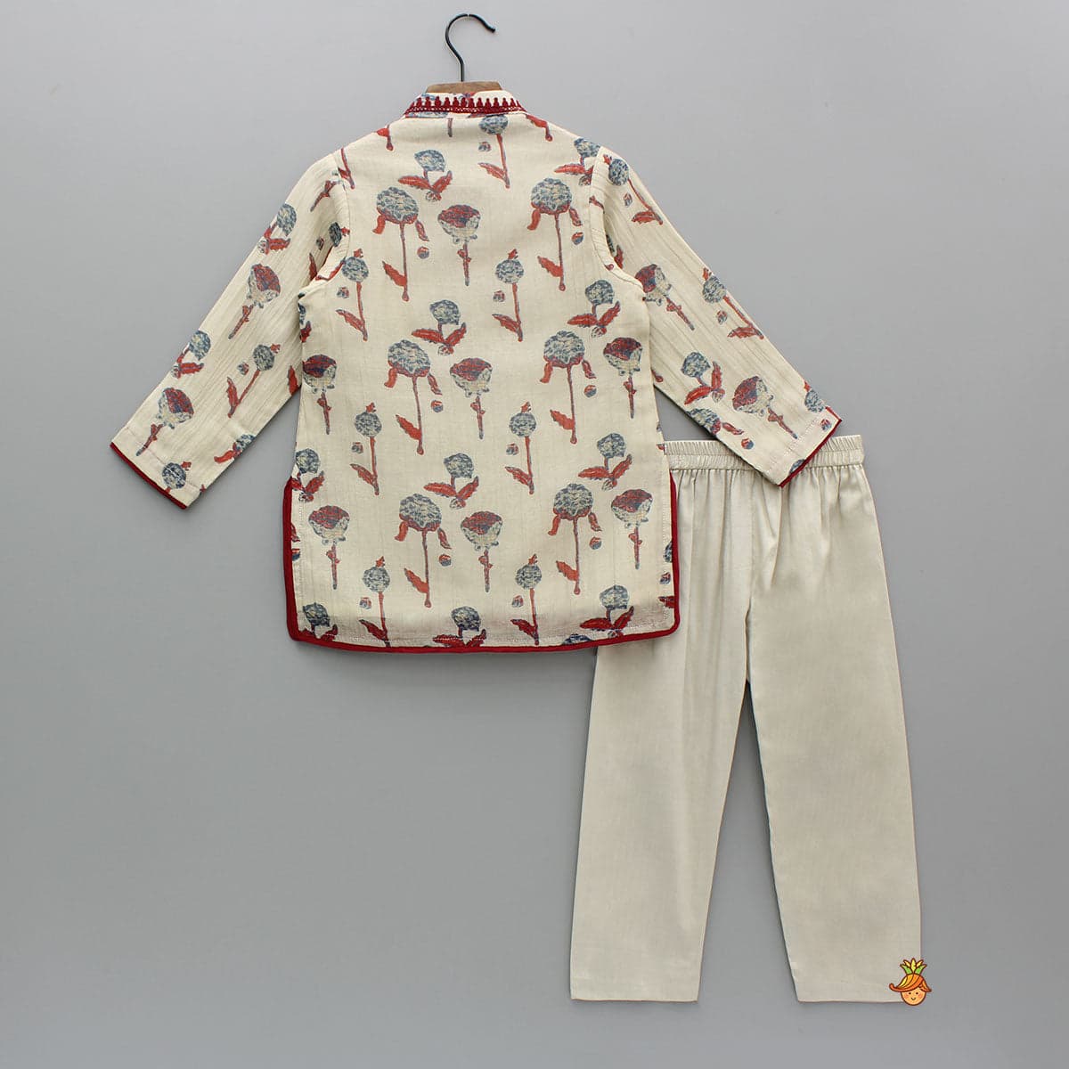 Pre Order: Red Detailed Floral Printed Chanderi Kurta With Pyjama view