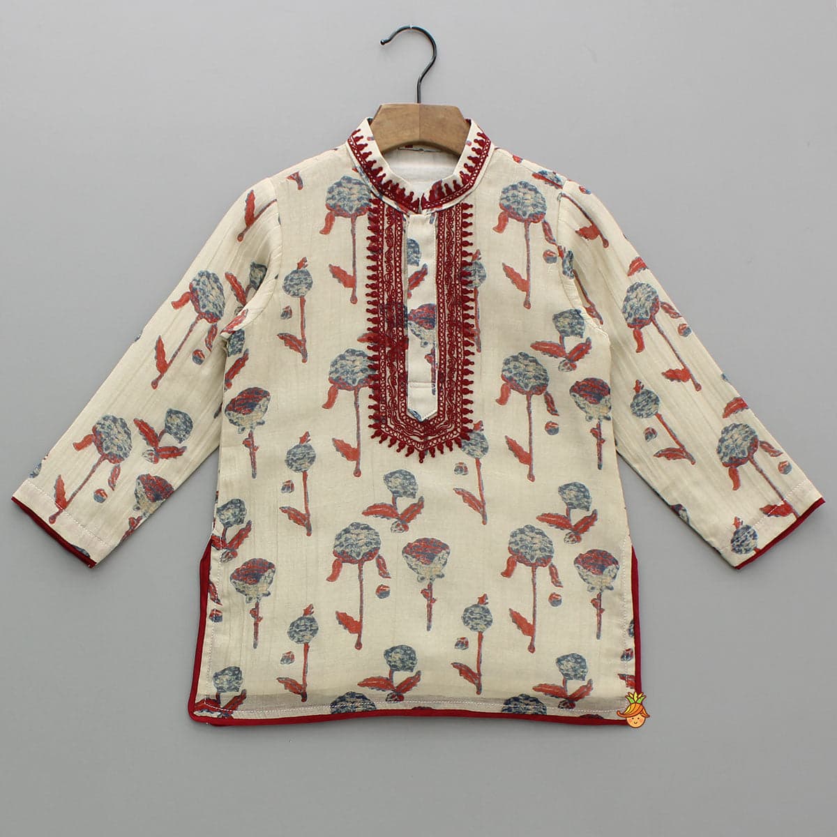 Pre Order: Red Detailed Floral Printed Chanderi Kurta With Pyjama view