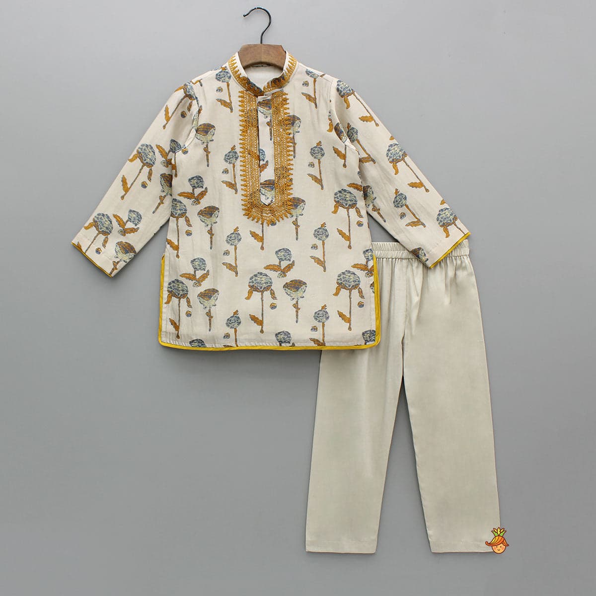 Pre Order: Yellow Detailed Floral Printed Chanderi Kurta With Pyjama