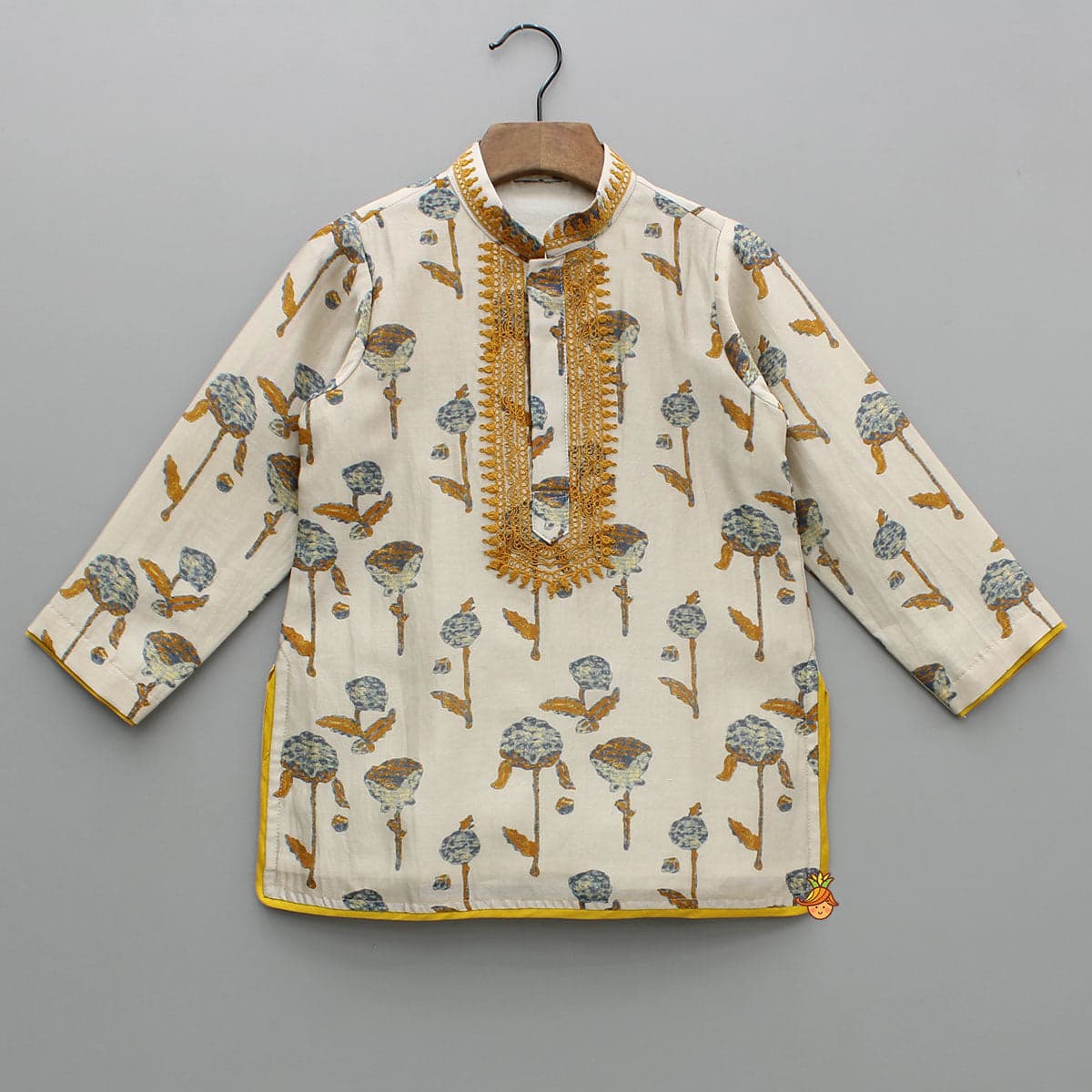 Pre Order: Yellow Detailed Floral Printed Chanderi Kurta With Pyjama view
