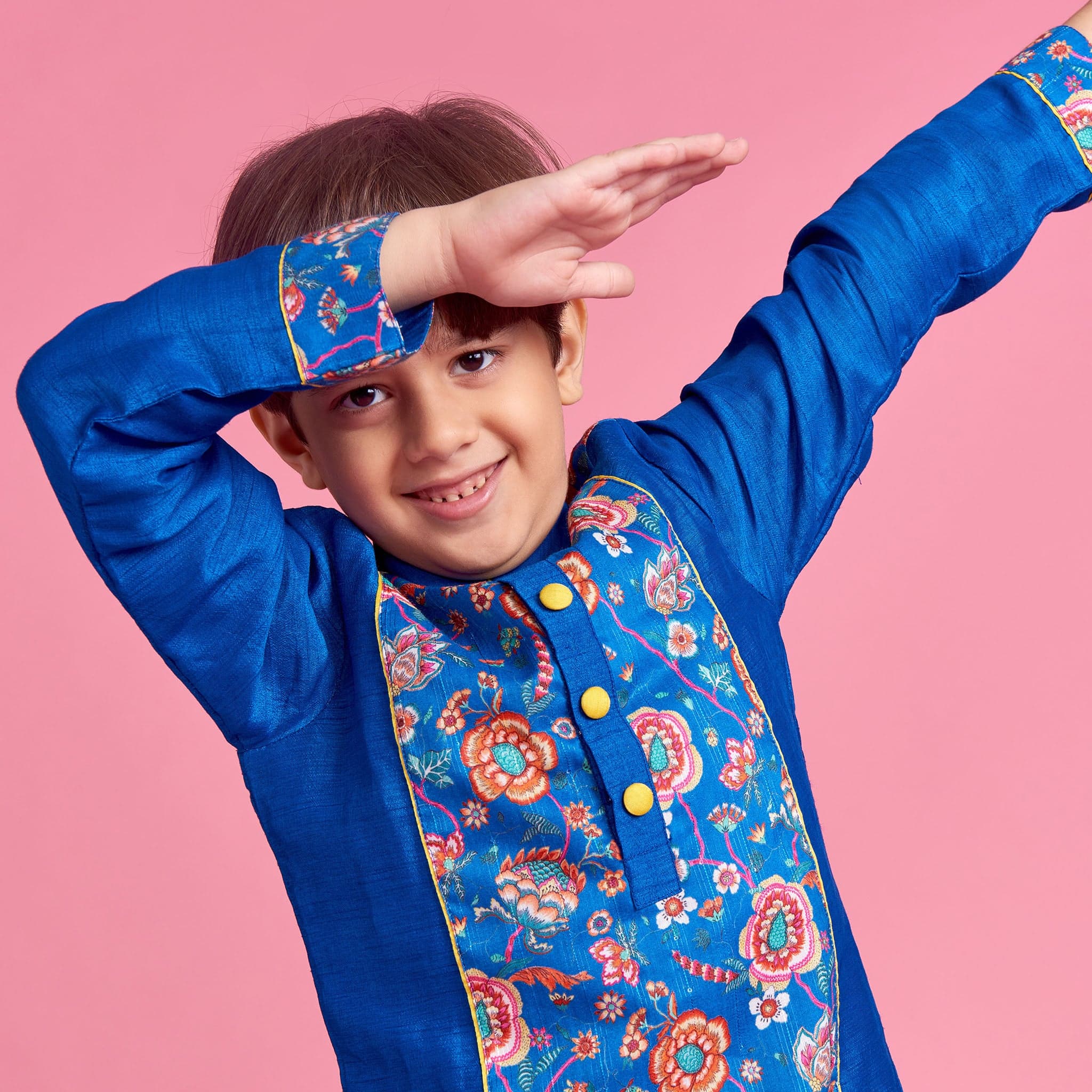 Pre Order: Peach Kurta With Floral Printed Green Jacket And Pyjama view