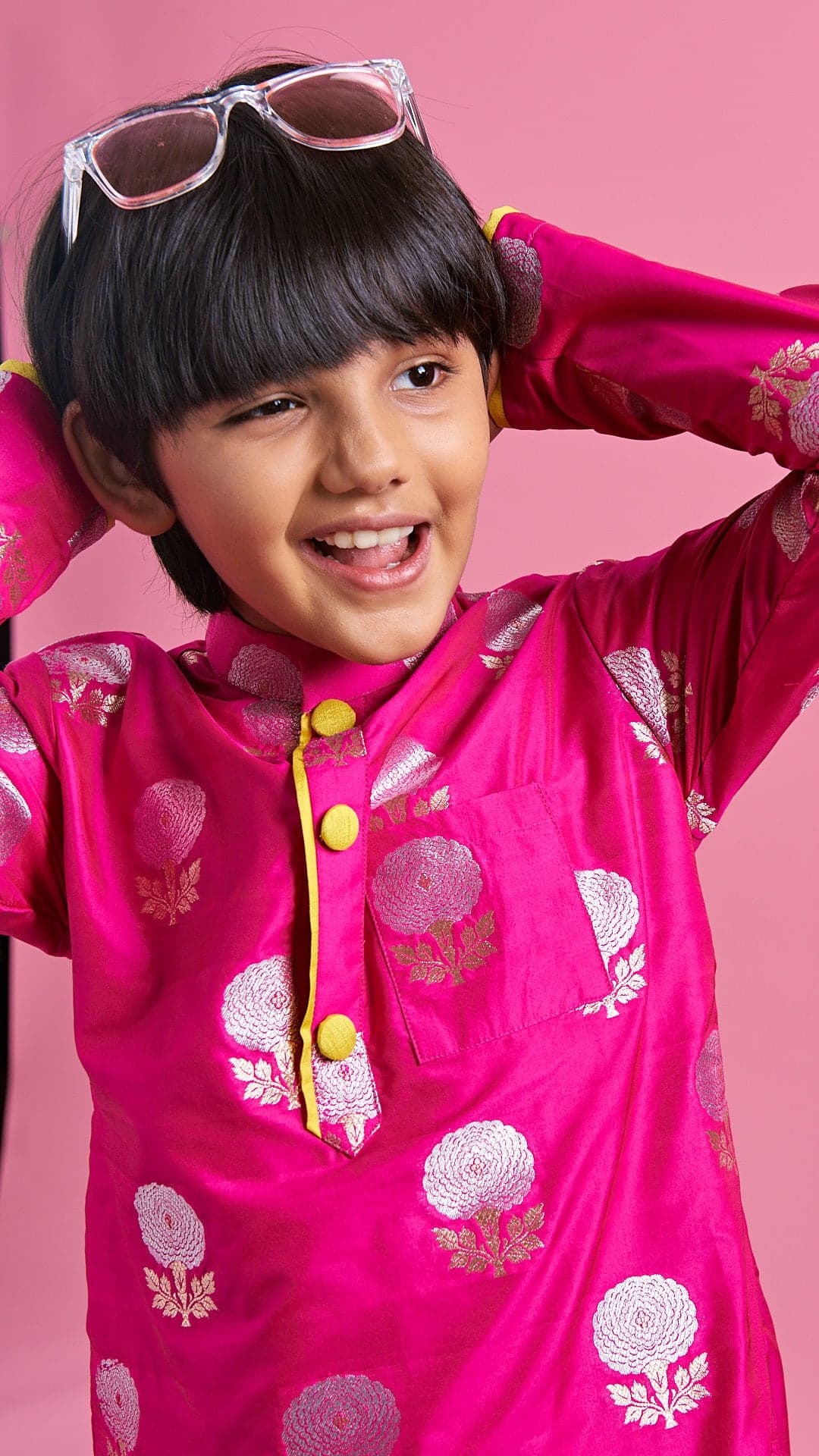 Pre Order: Peach Kurta With Floral Printed Green Jacket And Pyjama view