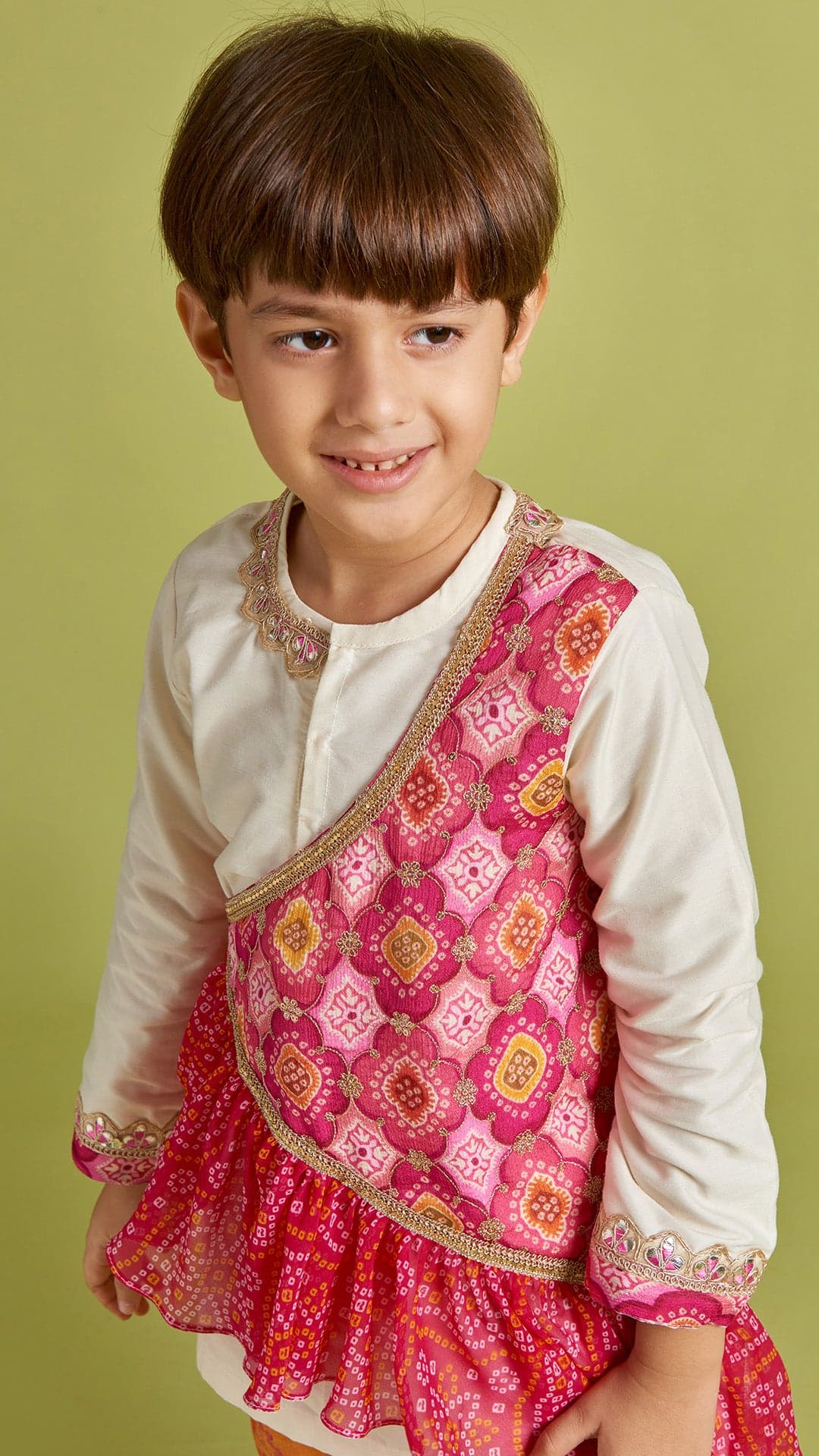 Pre Order: Peach Kurta With Floral Printed Green Jacket And Pyjama view