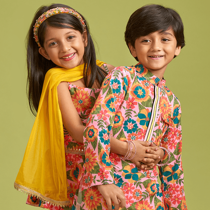 Pre Order: Peach Kurta With Floral Printed Green Jacket And Pyjama view