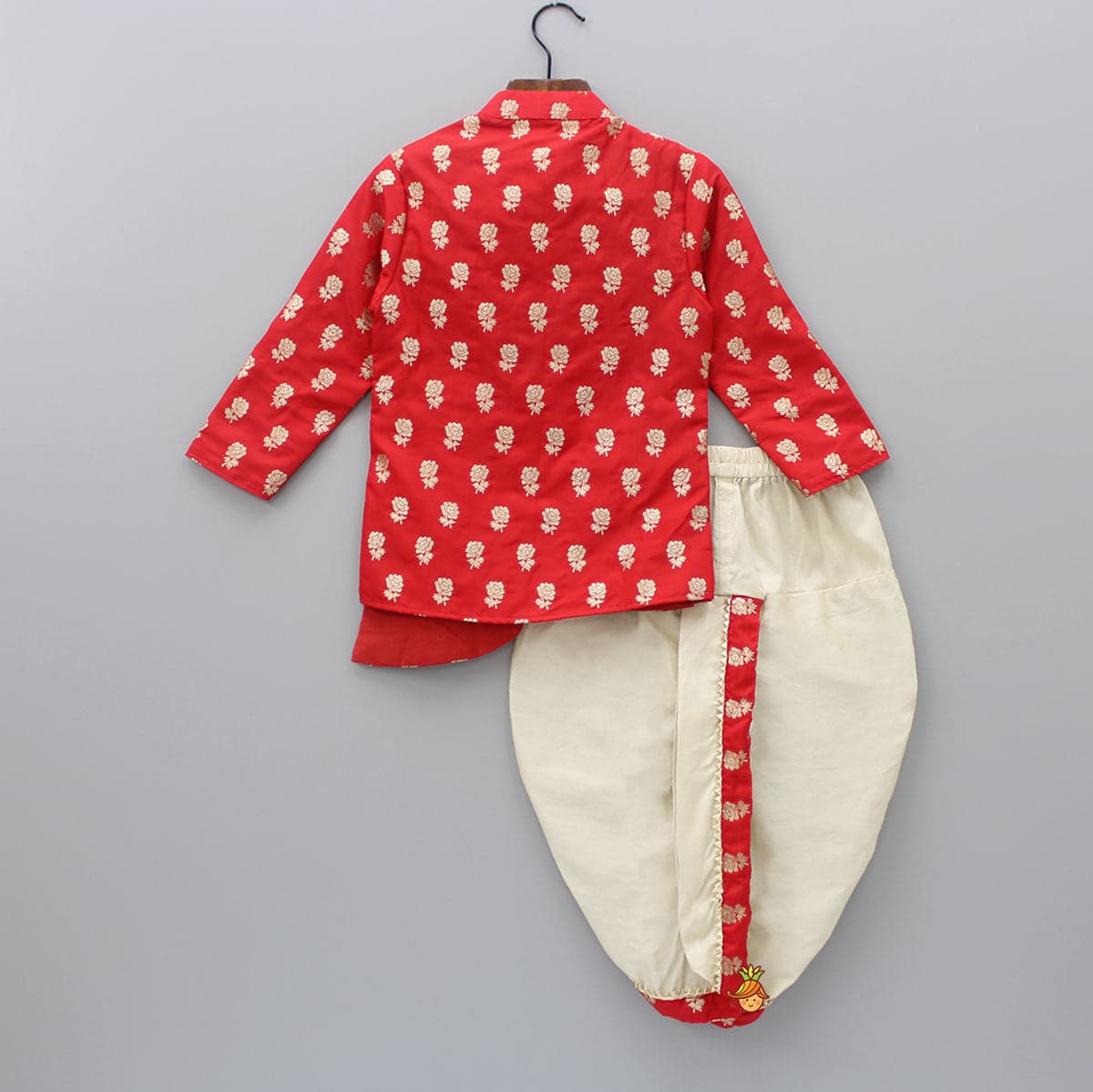 Pre Order: Rose Printed Red Kurta with Dhoti view