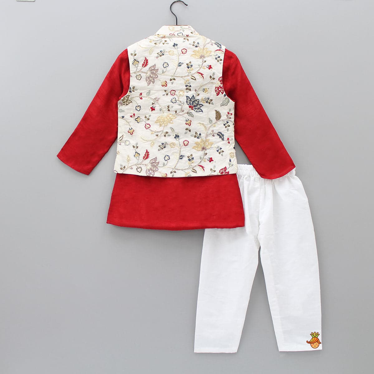 Pre Order: Red Kurta With Off White Floral And Sequins Embroidered Jacket And Pyjama view