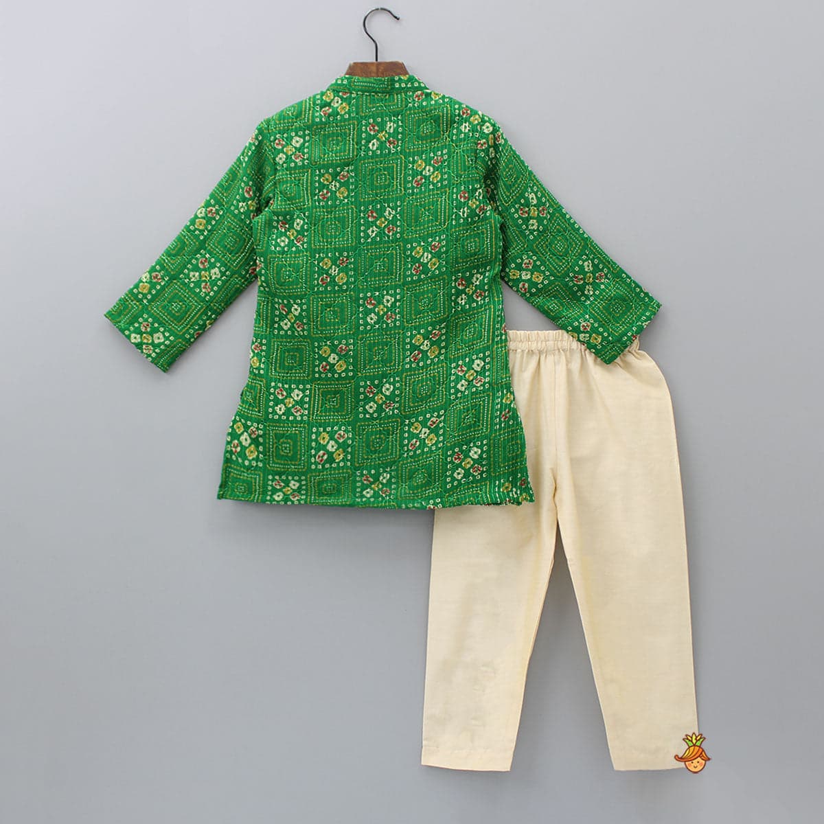 Green Bandhani Printed Kurta With Beige Pyjama view