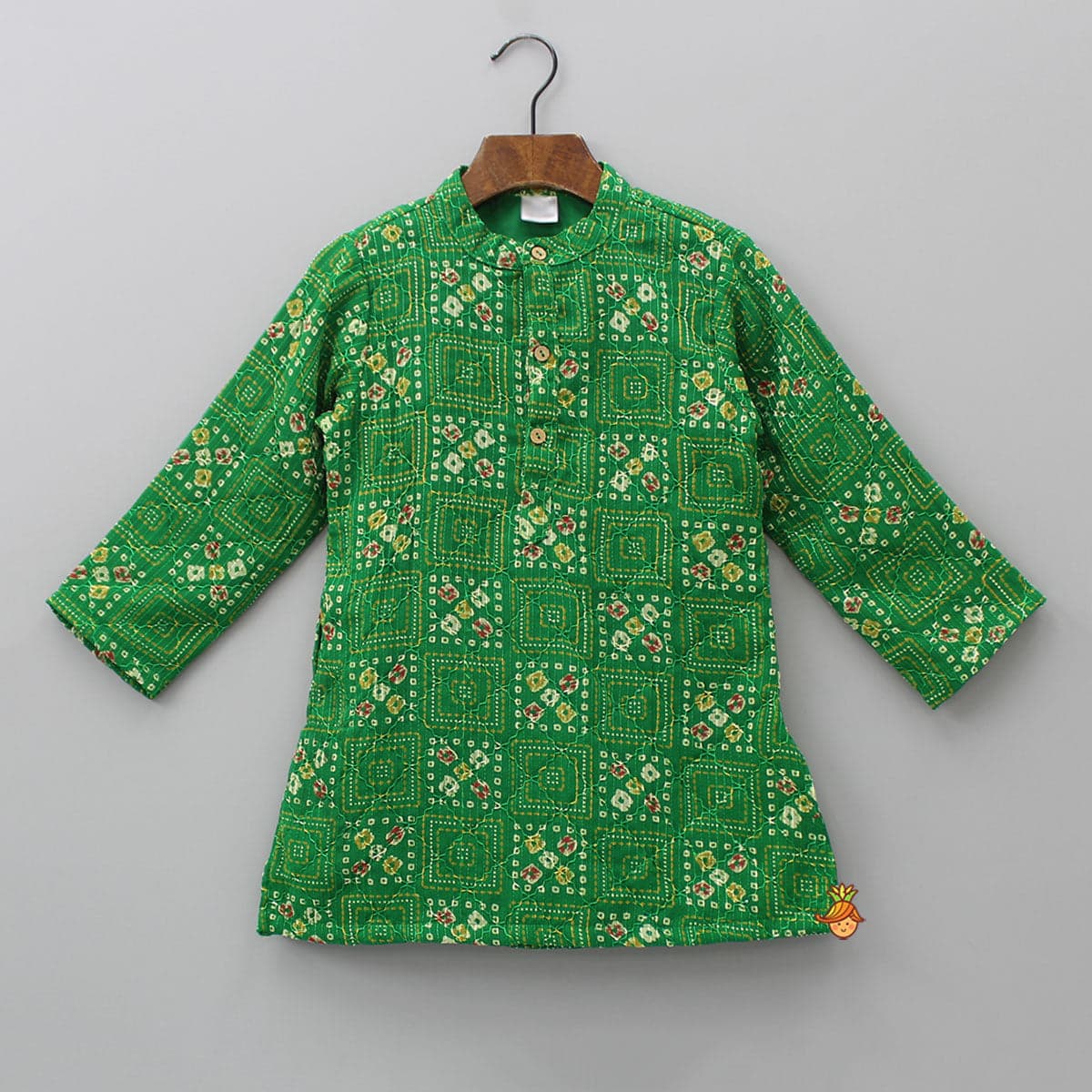 Green Bandhani Printed Kurta With Beige Pyjama view