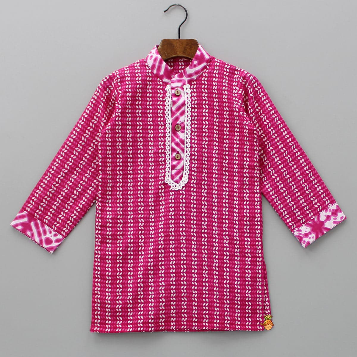 Pre Order: Lace Detail Front Placket Pink Printed Kurta And Pyjama view