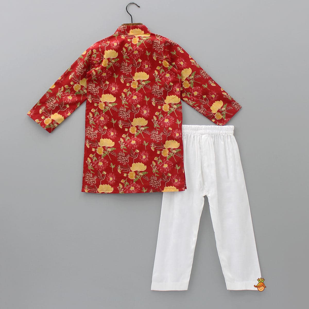 Pre Order: Lace Detail Front Placket Red Printed Kurta And Pyjama view