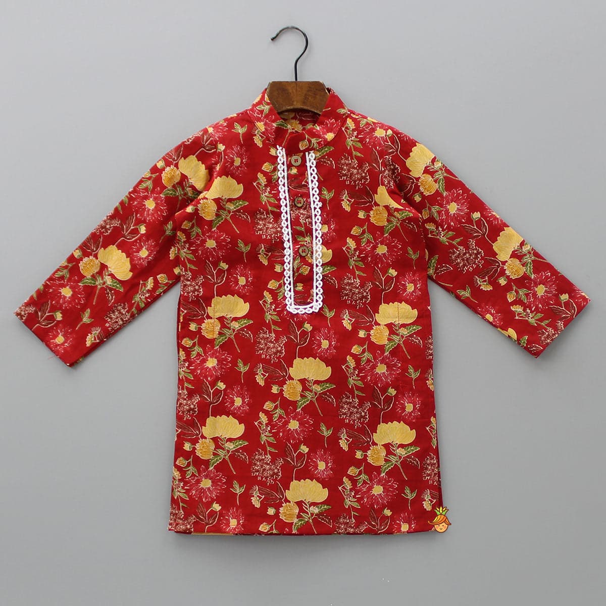Pre Order: Lace Detail Front Placket Red Printed Kurta And Pyjama view