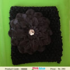 Broad Crochet Birthday Party Flower Hair Band for Kids in Black