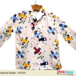 Shop kids Cotton Kurta in White with Aeroplane Print