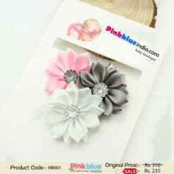 Three Flower Hair Band in Baby Pink, White and Grey for Newborn Princess